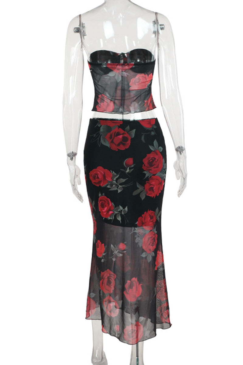 Flowers Mesh Strapless Sleeveless Two Pieces