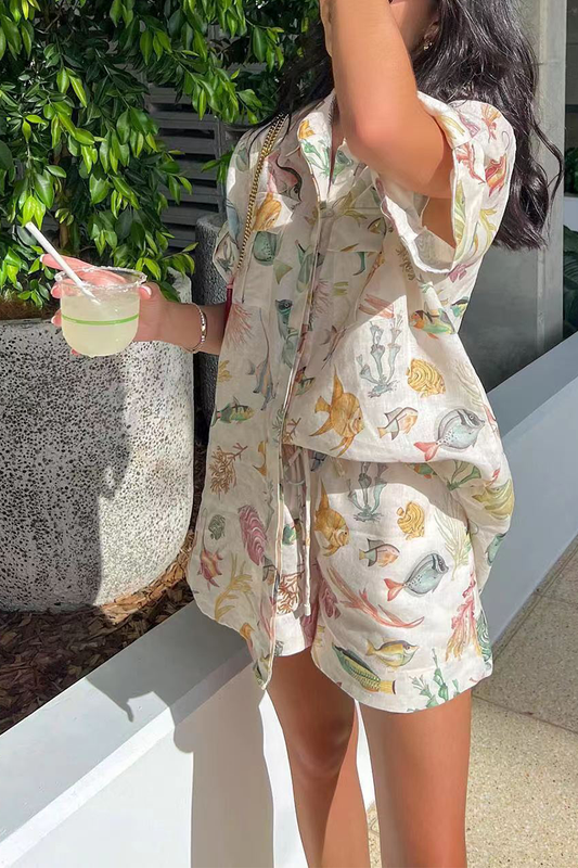 Vacation Print Animal Pocket Turndown Collar Short Sleeve Two Pieces