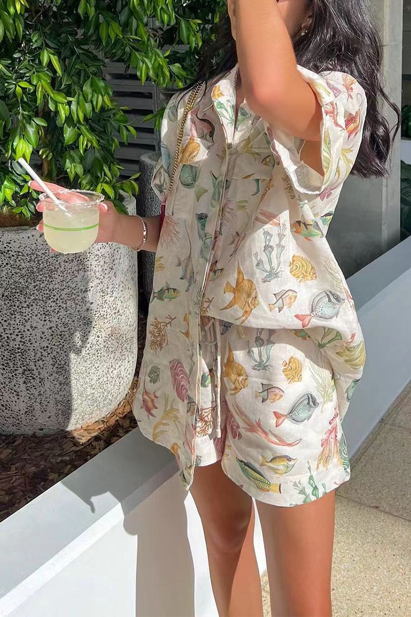 Vacation Print Animal Pocket Turndown Collar Short Sleeve Two Pieces