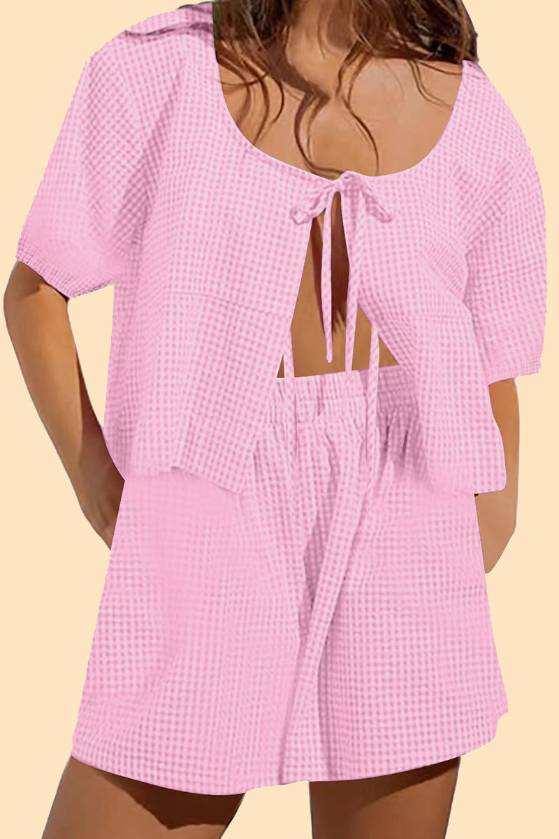Plaid Bandage Pocket U Neck Short Sleeve Two Pieces