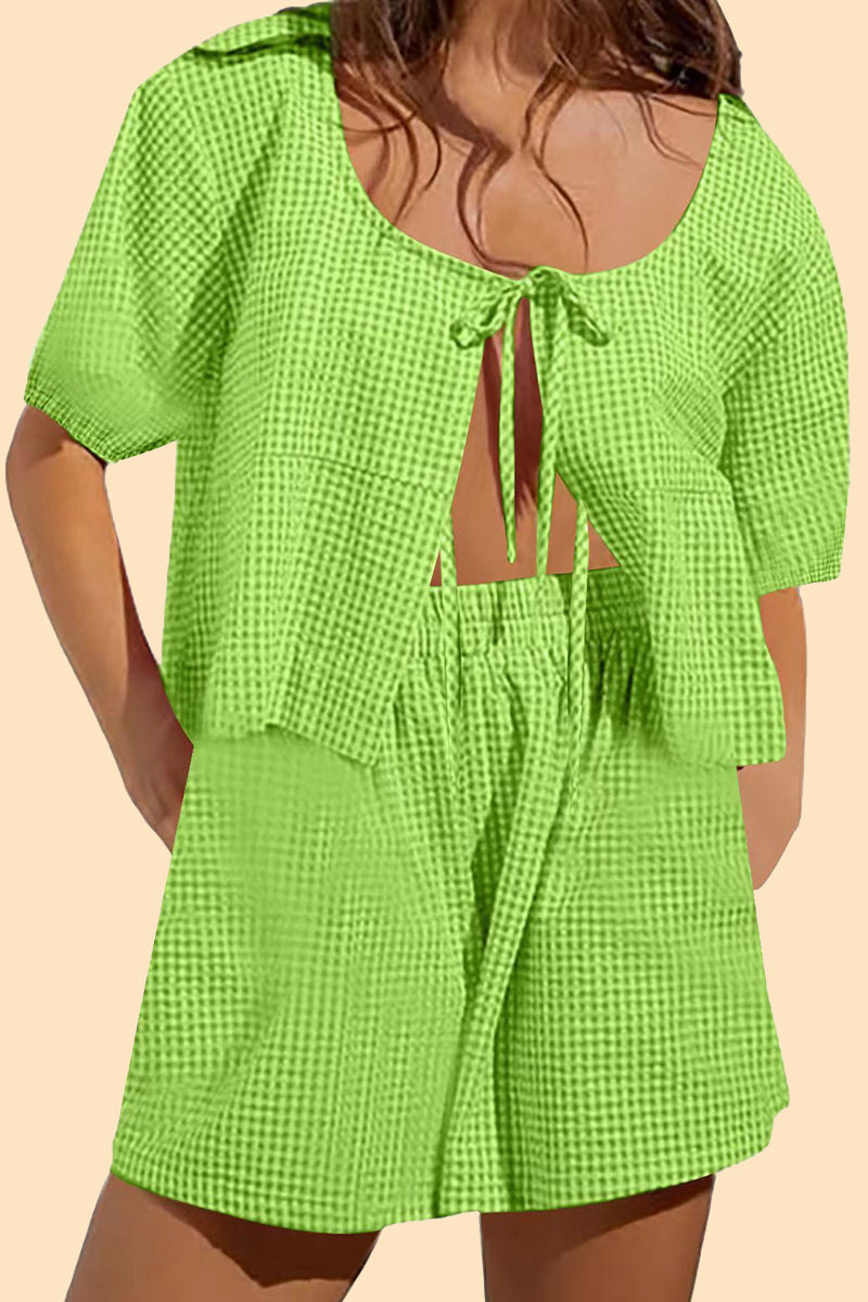Plaid Bandage Pocket U Neck Short Sleeve Two Pieces