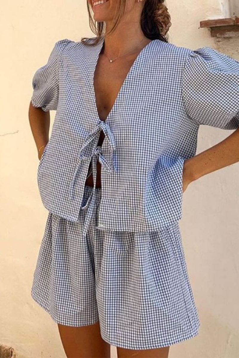 Plaid Bandage Pocket U Neck Short Sleeve Two Pieces