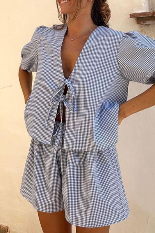 Plaid Bandage Pocket U Neck Short Sleeve Two Pieces