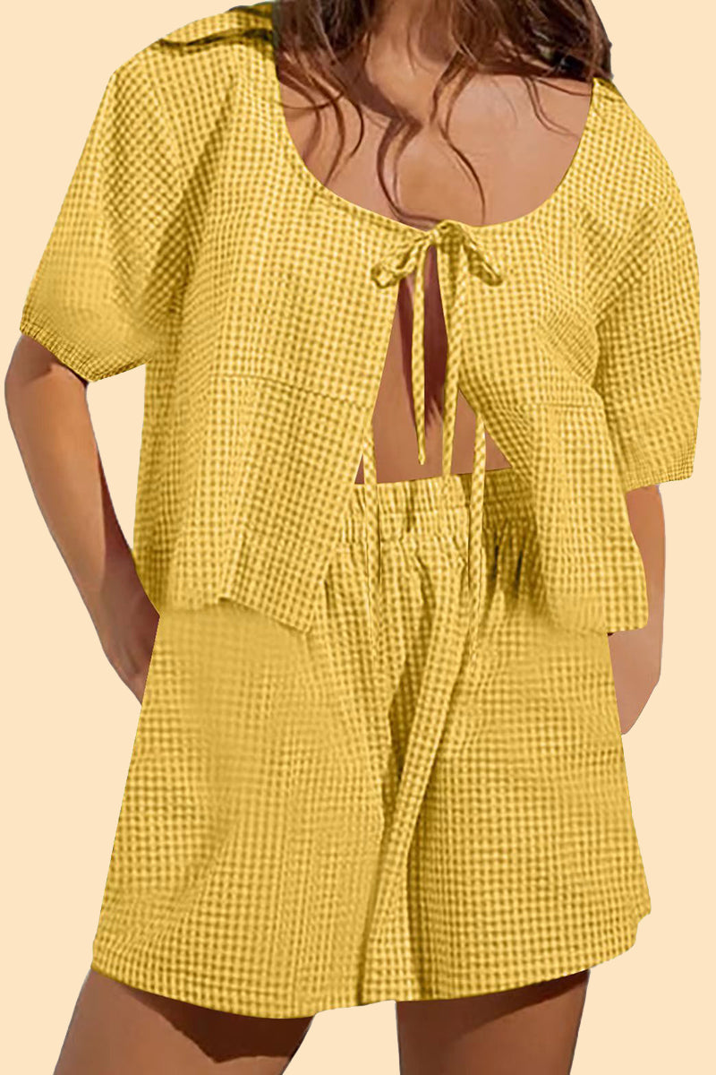 Plaid Bandage Pocket U Neck Short Sleeve Two Pieces