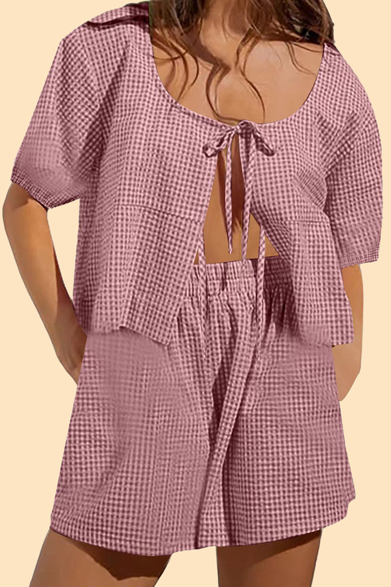 Plaid Bandage Pocket U Neck Short Sleeve Two Pieces