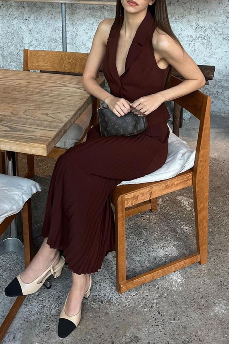 Fold Pleated Turn-back Collar Sleeveless Two Pieces