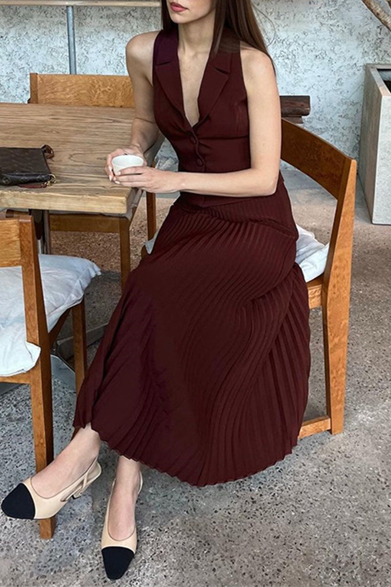 Fold Pleated Turn-back Collar Sleeveless Two Pieces