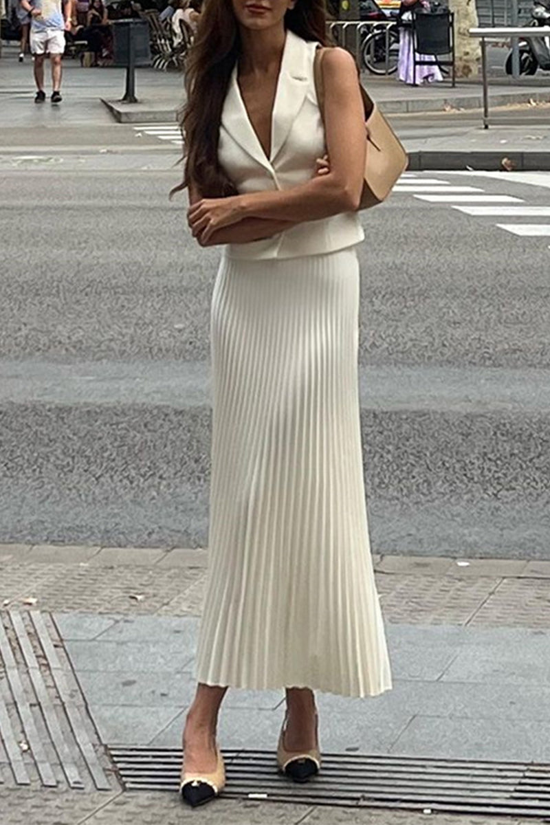 Fold Pleated Turn-back Collar Sleeveless Two Pieces