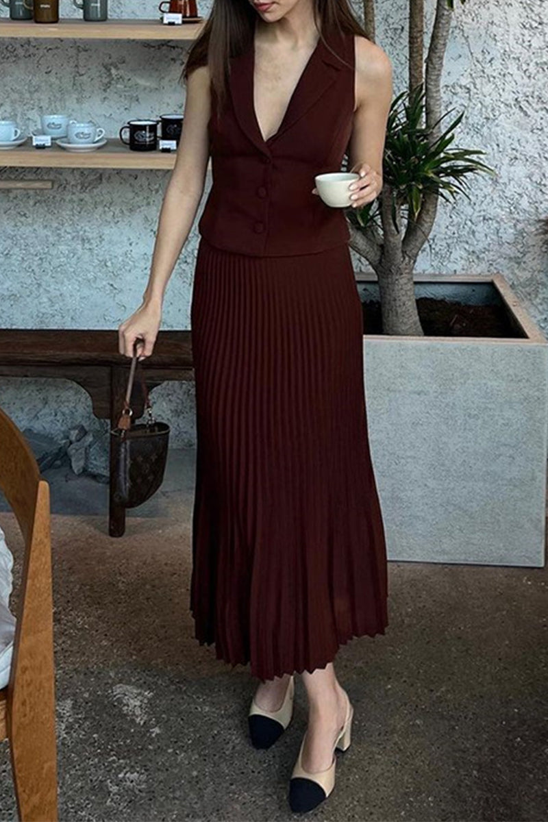 Fold Pleated Turn-back Collar Sleeveless Two Pieces