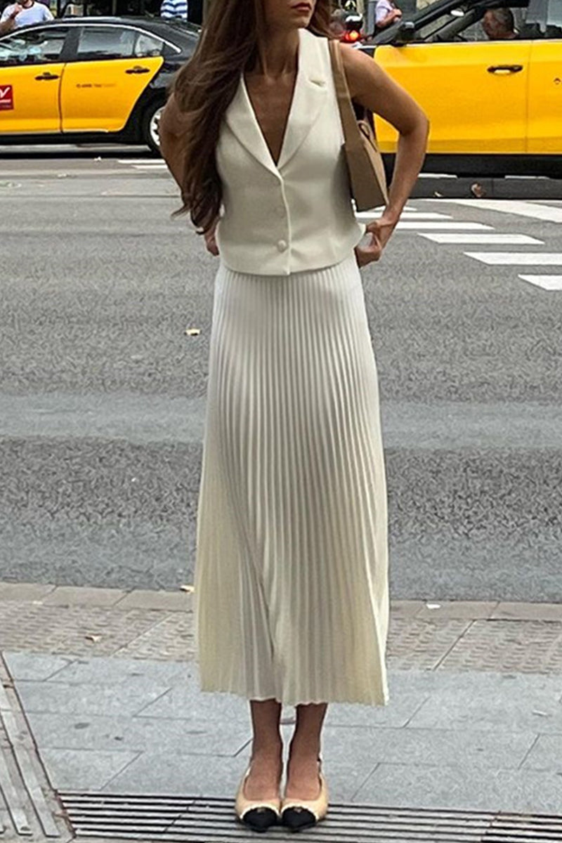 Fold Pleated Turn-back Collar Sleeveless Two Pieces