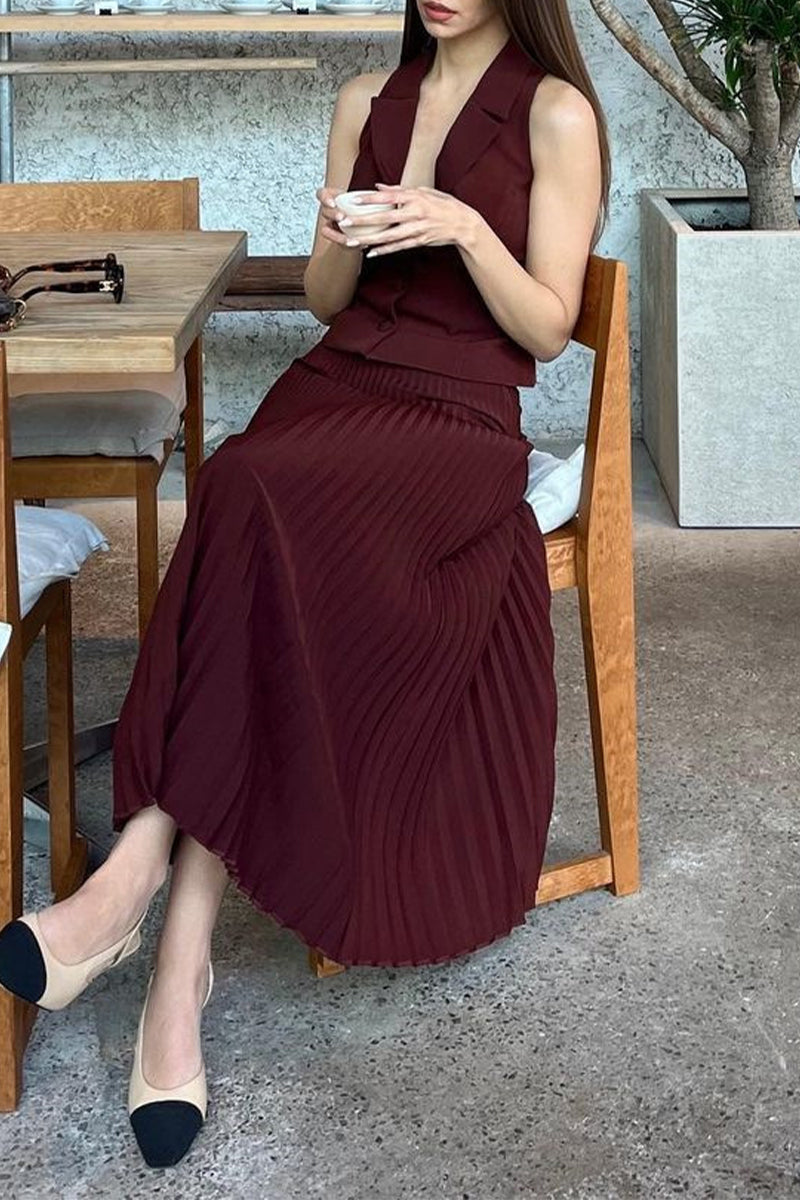 Fold Pleated Turn-back Collar Sleeveless Two Pieces