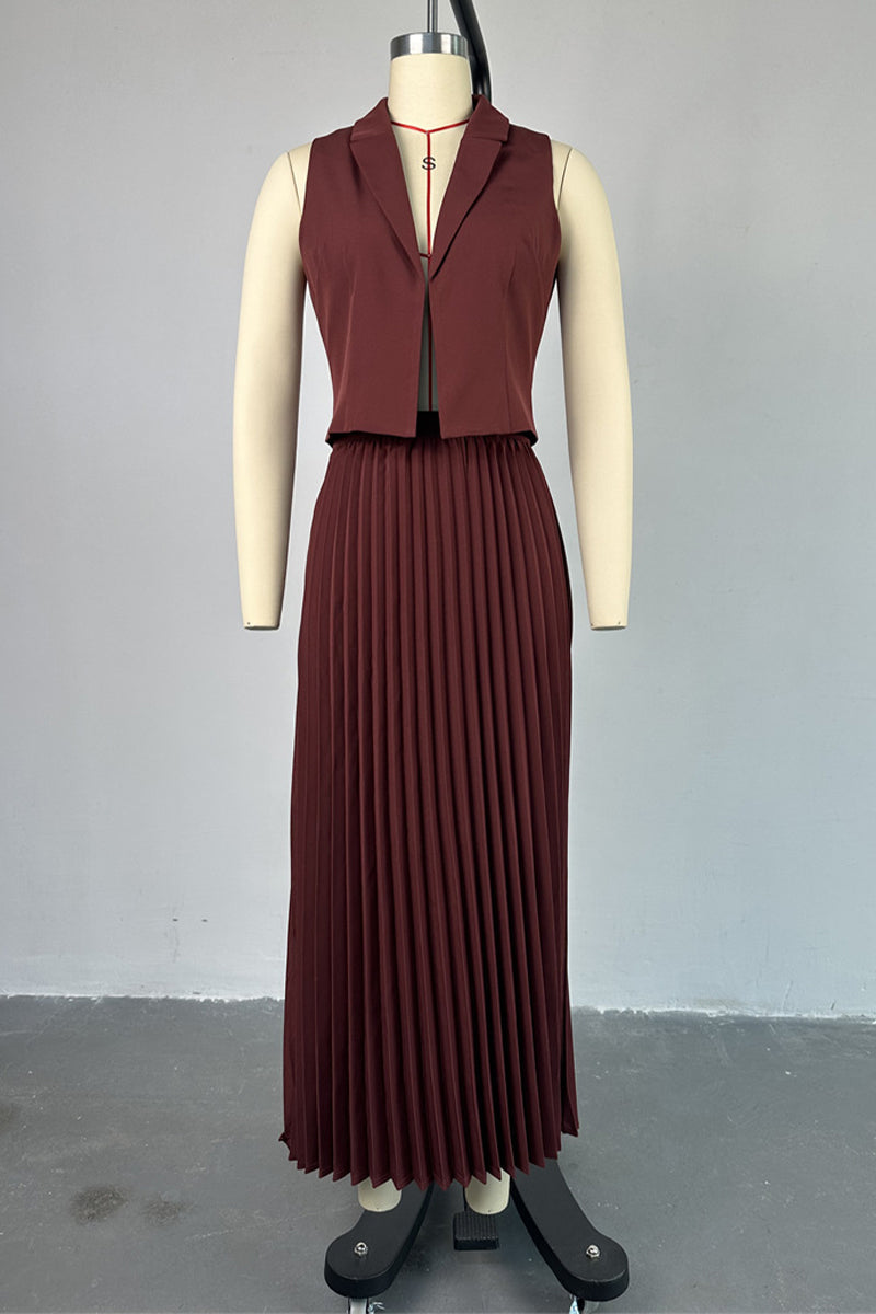 Fold Pleated Turn-back Collar Sleeveless Two Pieces