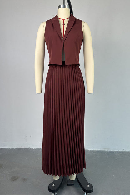 Fold Pleated Turn-back Collar Sleeveless Two Pieces