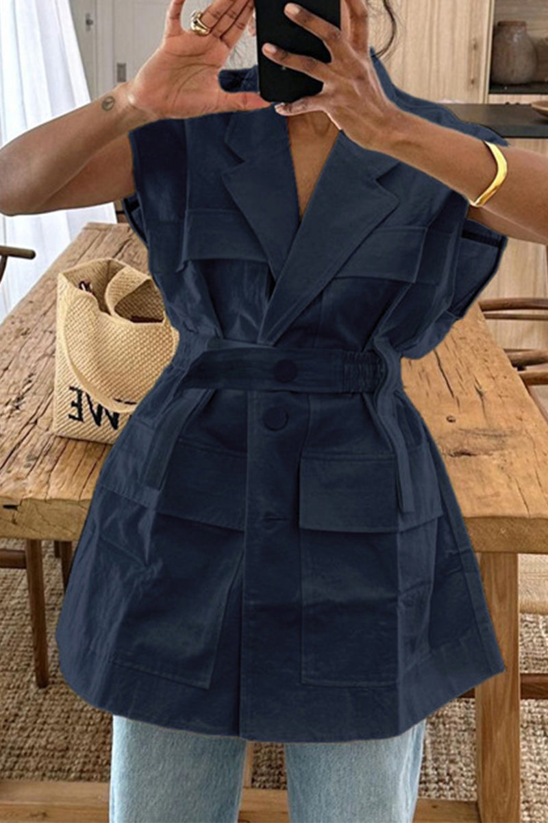 Bandage Pocket Buttons Turn-back Collar Blouses(4 Colors)