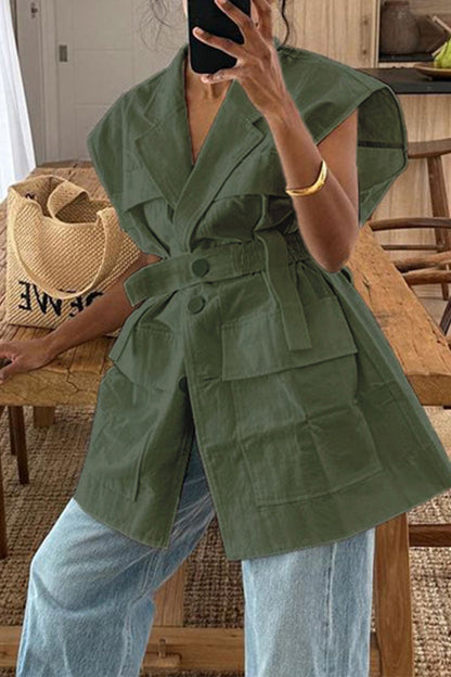 Bandage Pocket Buttons Turn-back Collar Blouses(4 Colors)