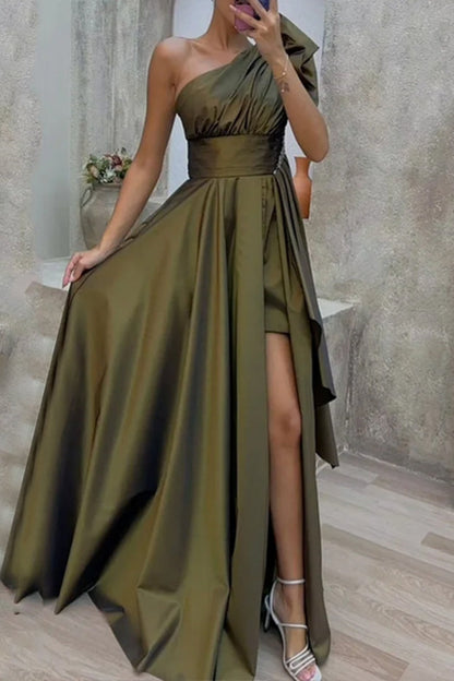 Patchwork Slit Oblique Collar Long Dresses