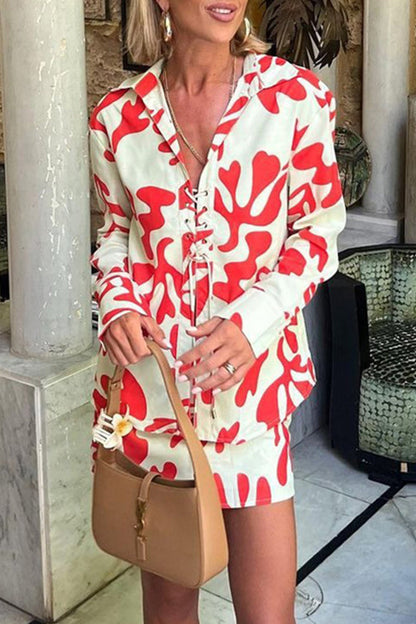 Patchwork Turndown Collar Long Sleeve Two Pieces