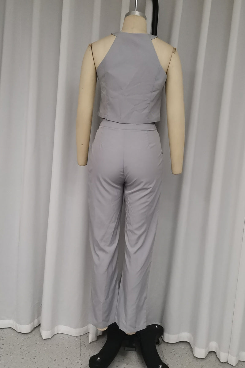 British Style Pocket Buttons O Neck Sleeveless Two Pieces