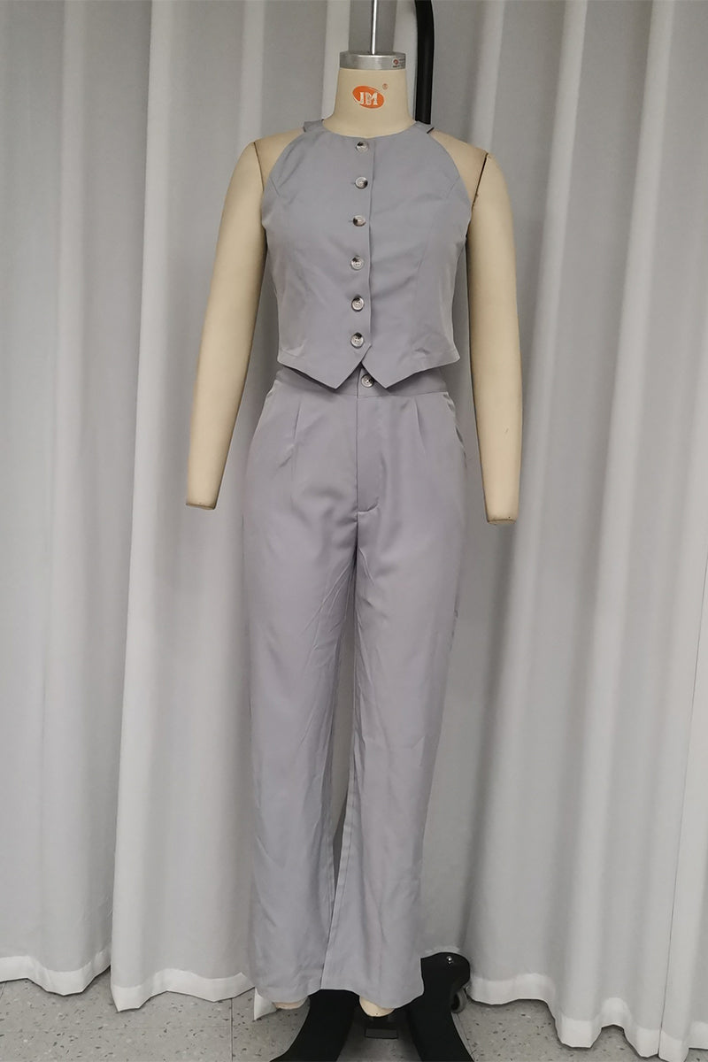 British Style Pocket Buttons O Neck Sleeveless Two Pieces