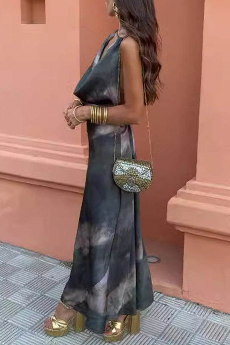 Gradient Print Contrast Scarf Collar One Step Skirt Dresses