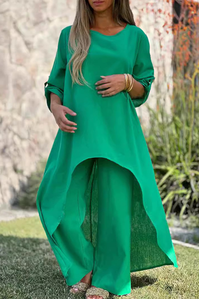 Buttons Asymmetrical O Neck Long Sleeve Two Pieces