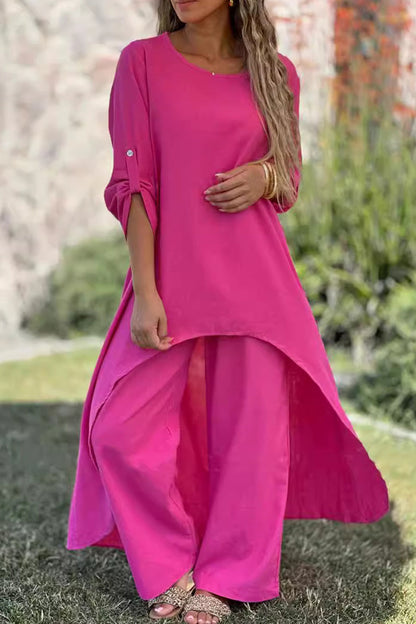 Buttons Asymmetrical O Neck Long Sleeve Two Pieces