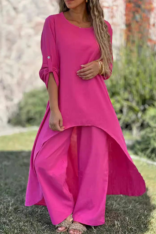 Buttons Asymmetrical O Neck Long Sleeve Two Pieces