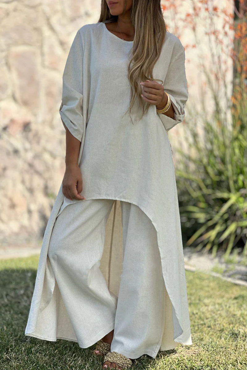 Buttons Asymmetrical O Neck Long Sleeve Two Pieces
