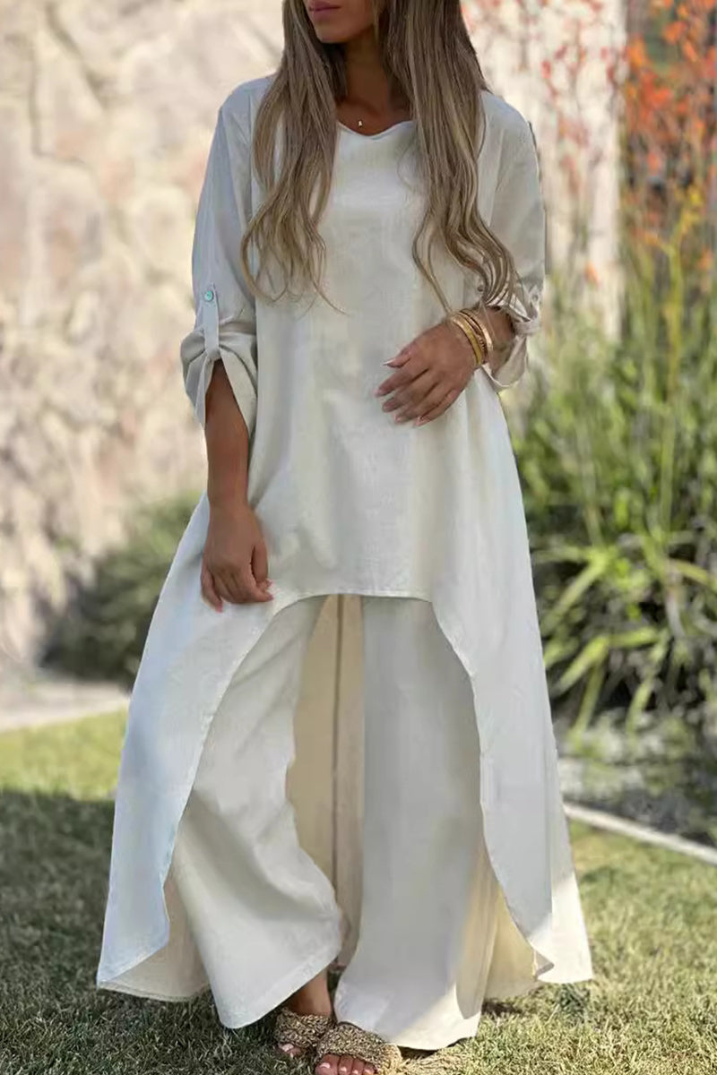 Buttons Asymmetrical O Neck Long Sleeve Two Pieces