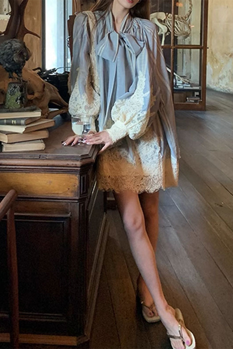 Sweet Lace Frenulum Contrast O Neck Long Sleeve Two Pieces