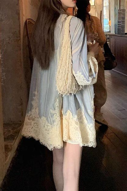 Sweet Lace Frenulum Contrast O Neck Long Sleeve Two Pieces