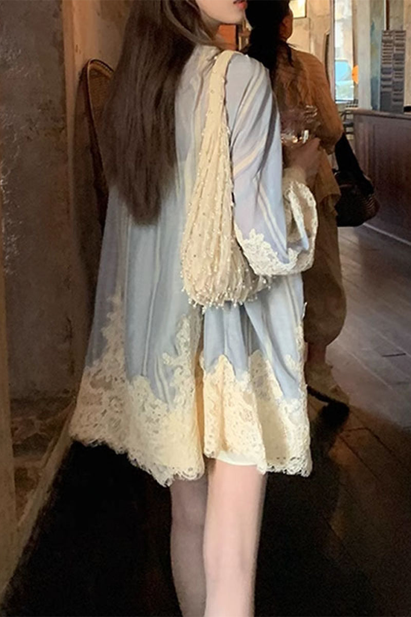 Sweet Lace Frenulum Contrast O Neck Long Sleeve Two Pieces