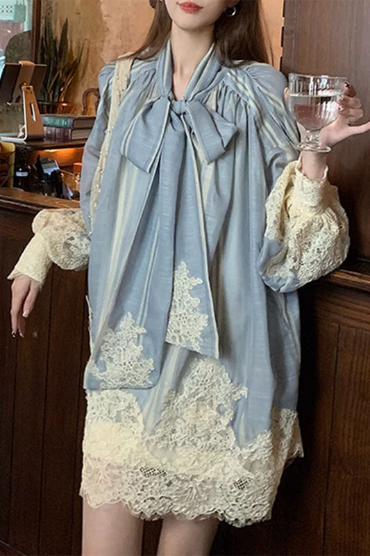 Sweet Lace Frenulum Contrast O Neck Long Sleeve Two Pieces