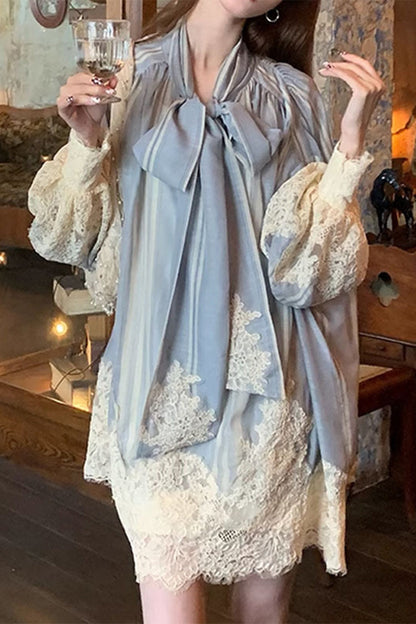 Sweet Lace Frenulum Contrast O Neck Long Sleeve Two Pieces