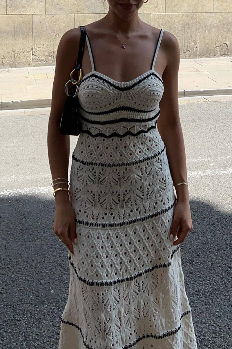 Hollowed Out Contrast Weave V Neck One Step Skirt Dresses