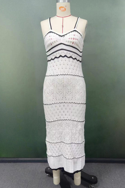 Hollowed Out Contrast Weave V Neck One Step Skirt Dresses