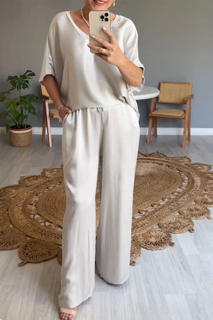 Simplicity Pocket V Neck Short Sleeve Two Pieces