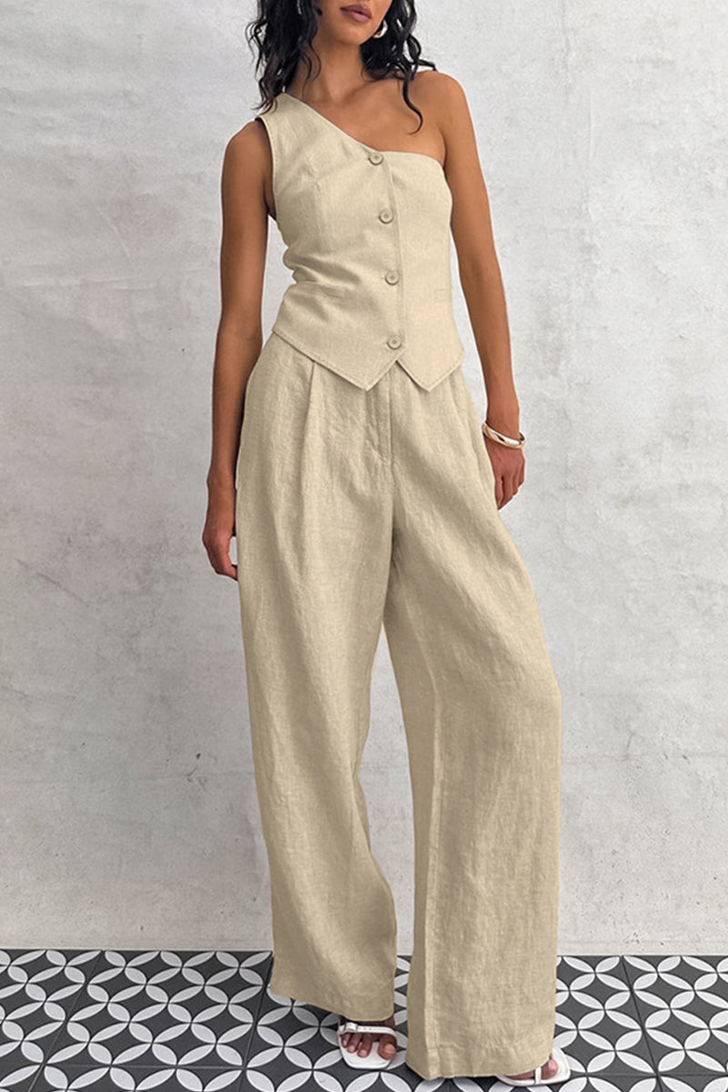 Simplicity Pocket Buttons Oblique Collar Sleeveless Two Pieces