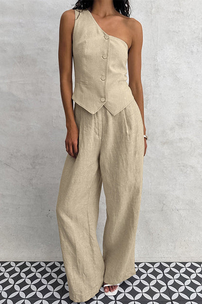 Simplicity Pocket Buttons Oblique Collar Sleeveless Two Pieces