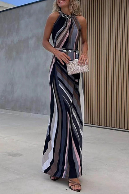 Geometric Print Bandage Contrast Halter One Step Skirt Dresses