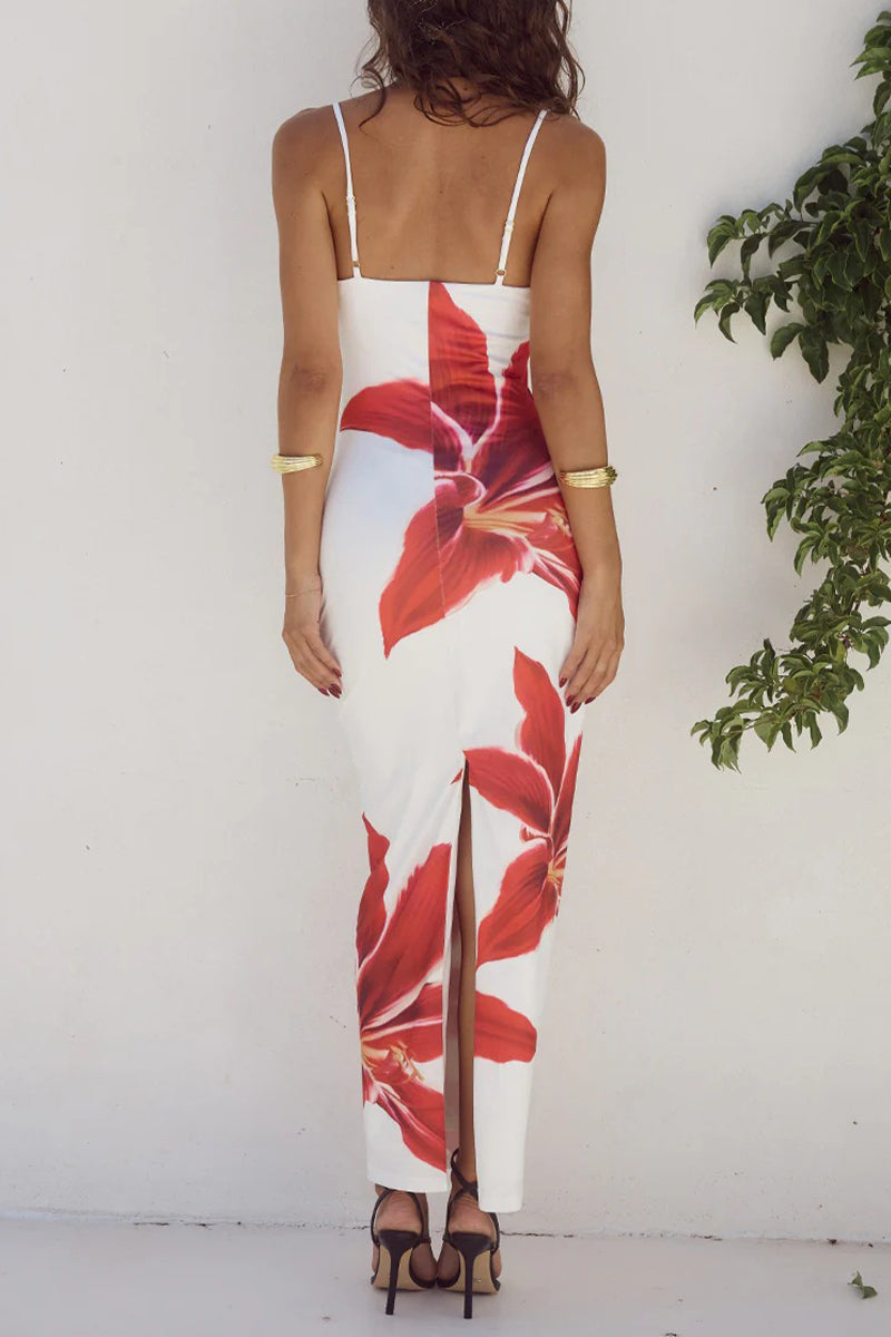 Print Flowers Square Collar One Step Skirt Dresses