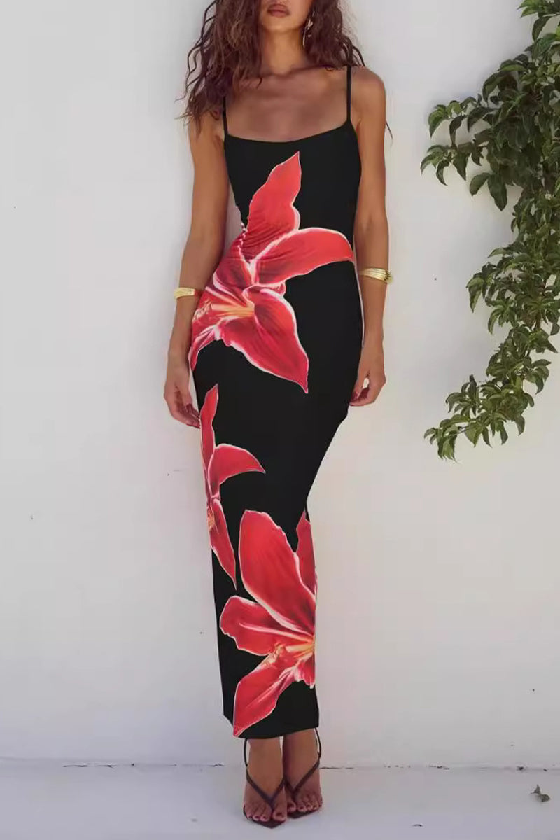 Print Flowers Square Collar One Step Skirt Dresses