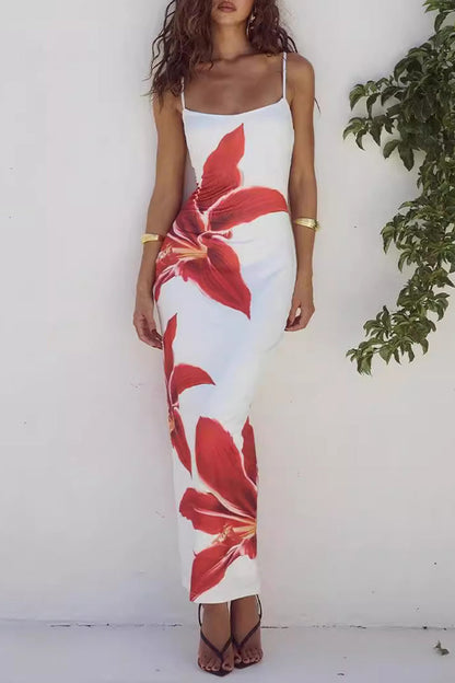 Print Flowers Square Collar One Step Skirt Dresses