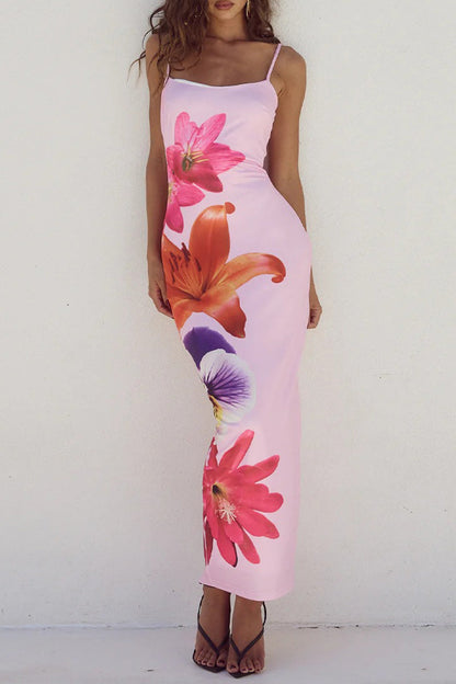 Print Flowers Square Collar One Step Skirt Dresses