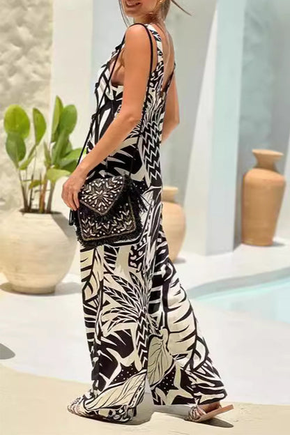 Geometric Print Pocket V Neck Loose Jumpsuits