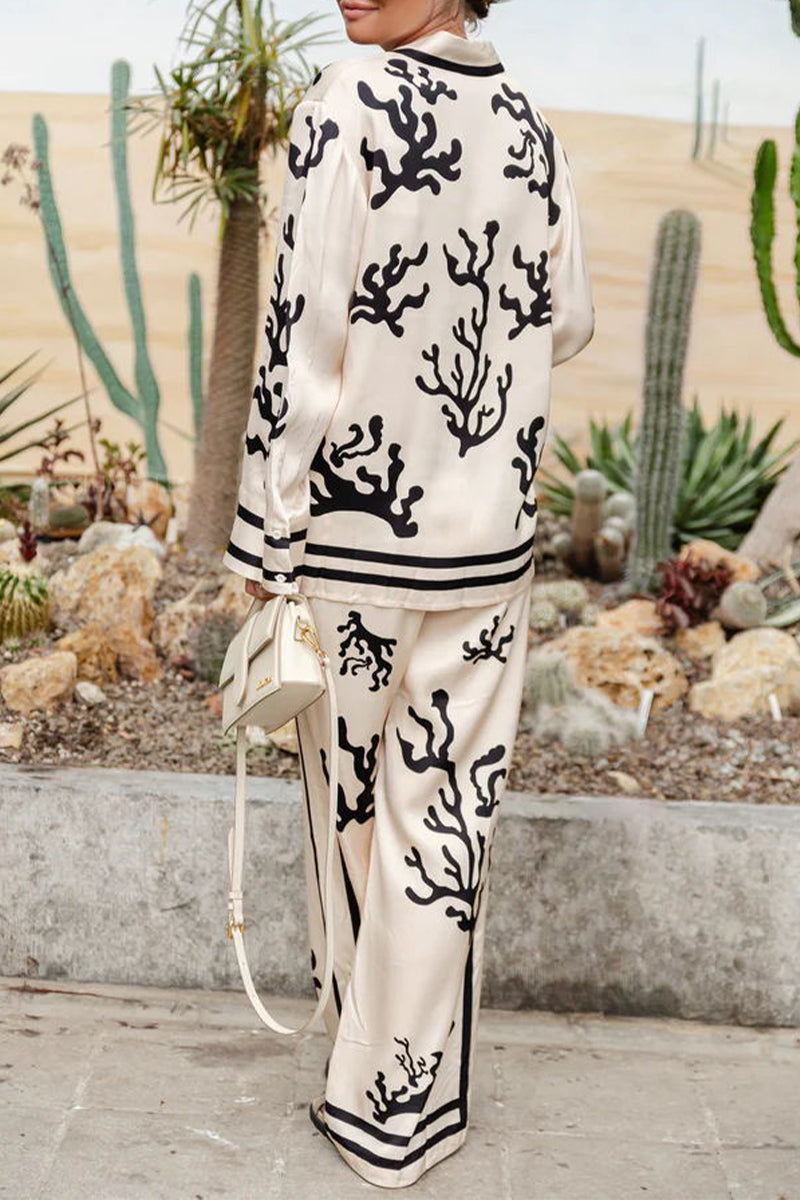 Vacation Geometric Print Turndown Collar Long Sleeve Two Pieces
