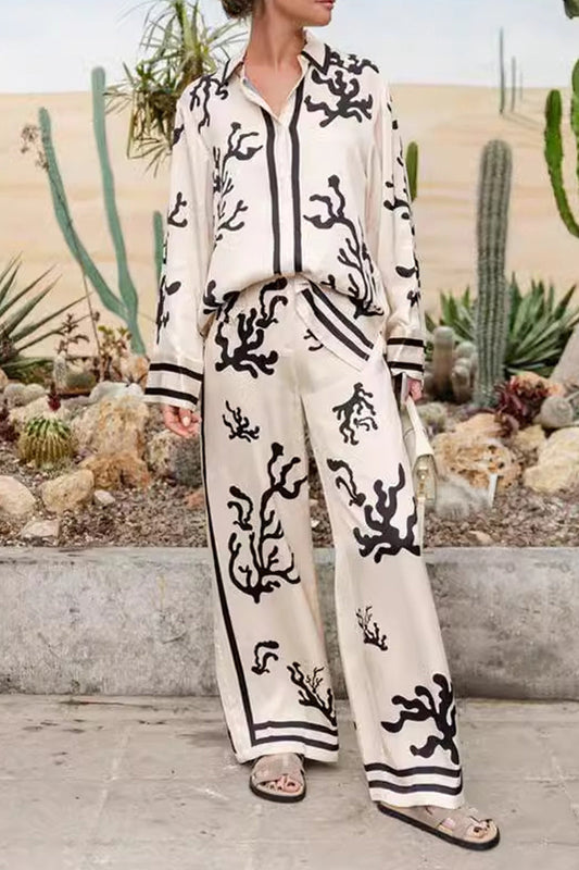Vacation Geometric Print Turndown Collar Long Sleeve Two Pieces