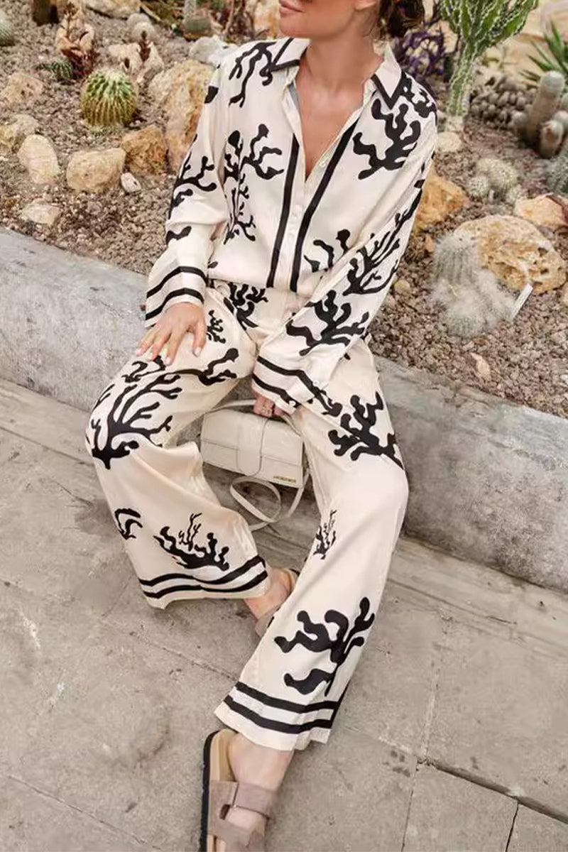 Vacation Geometric Print Turndown Collar Long Sleeve Two Pieces