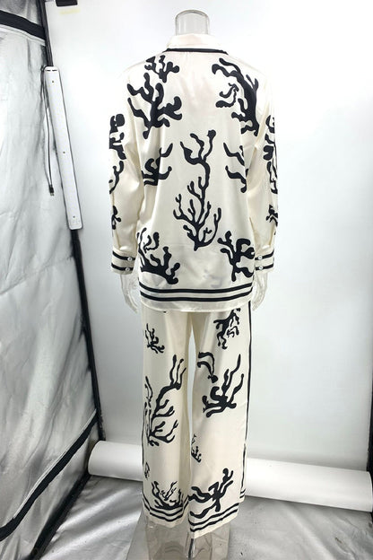 Vacation Geometric Print Turndown Collar Long Sleeve Two Pieces