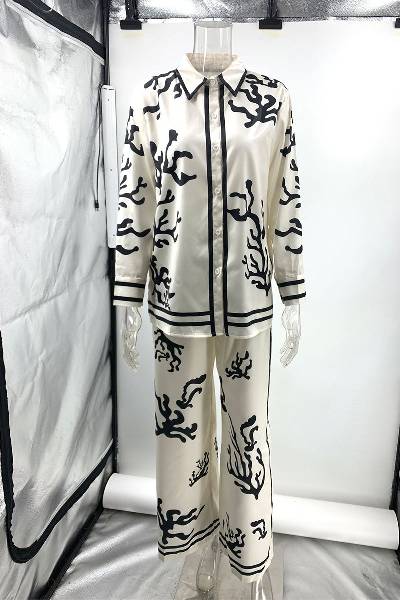 Vacation Geometric Print Turndown Collar Long Sleeve Two Pieces